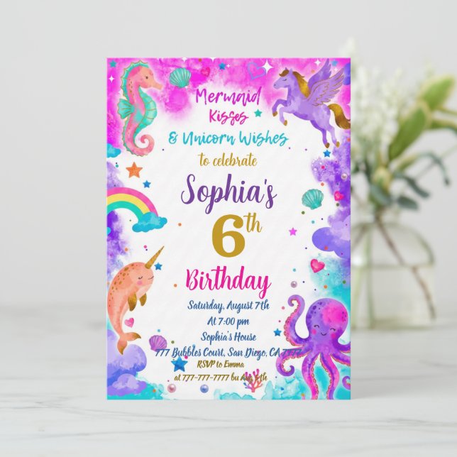 Mermaid & Unicorn Birthday Invitation Magic Party Einladung (Stehend Vorderseite)