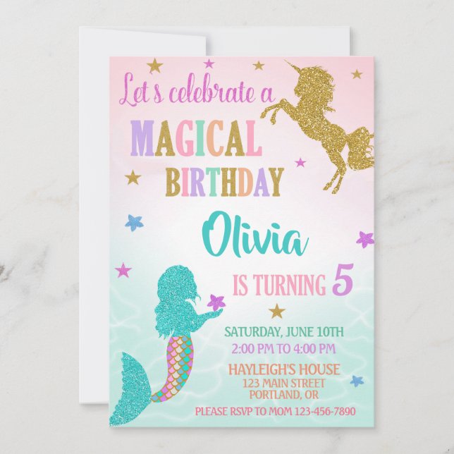 Mermaid Unicorn Birthday Invitation Magical party Einladung (Vorderseite)