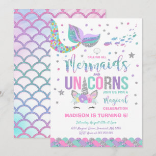 Mermaid & Unicorn Geburtstag Einladung Magisches P