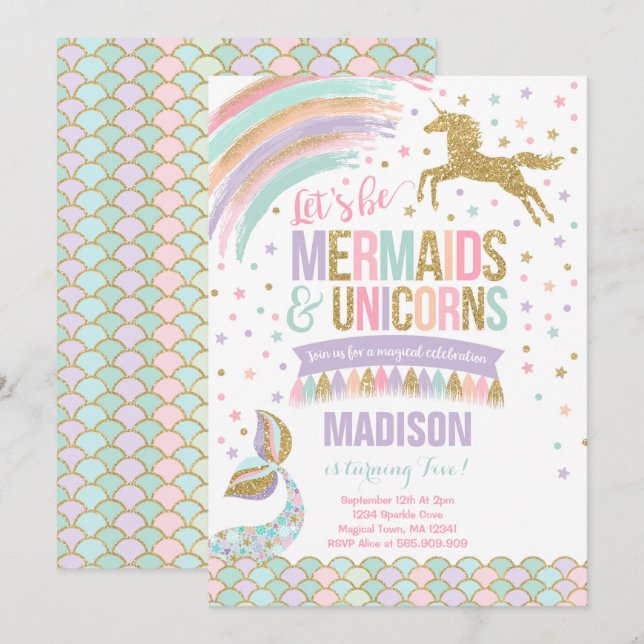 Mermaid & Unicorn Geburtstag Einladung Magisches P (Vorne/Hinten)