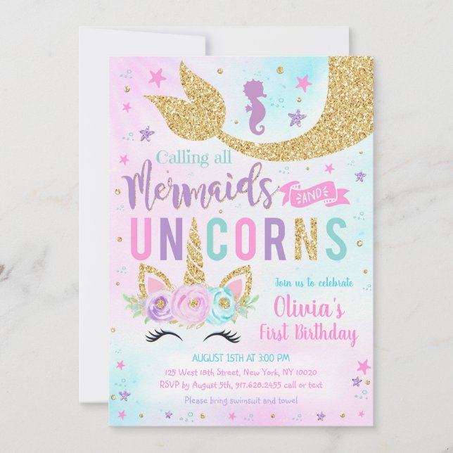 Mermaid Unicorn Girl Birthday Invitation Einladung (Vorderseite)