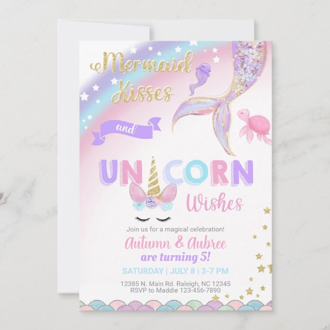 Mermaid & Unicorn girl birthday invitation. Einladung (Vorderseite)