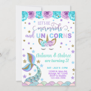 Mermaid & Unicorn Mädchen Geburtstagseinladung. Einladung