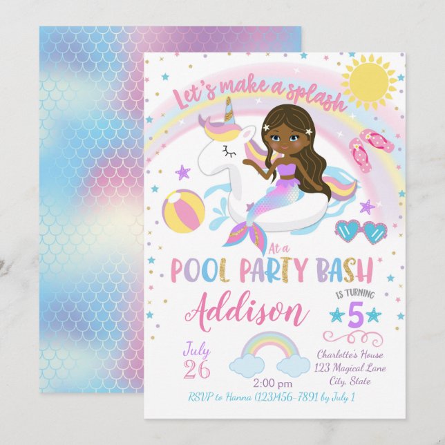 Mermaid Unicorn Pool Party Birthday Invitation Einladung (Vorne/Hinten)