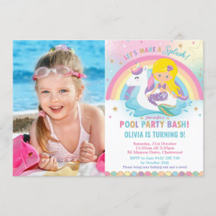 Mermaid Unicorn Pool Party Geburtstag Blonde Foto Einladung