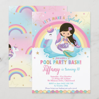 Mermaid Unicorn Pool Party Geburtstag Schwarzes Ha Einladung