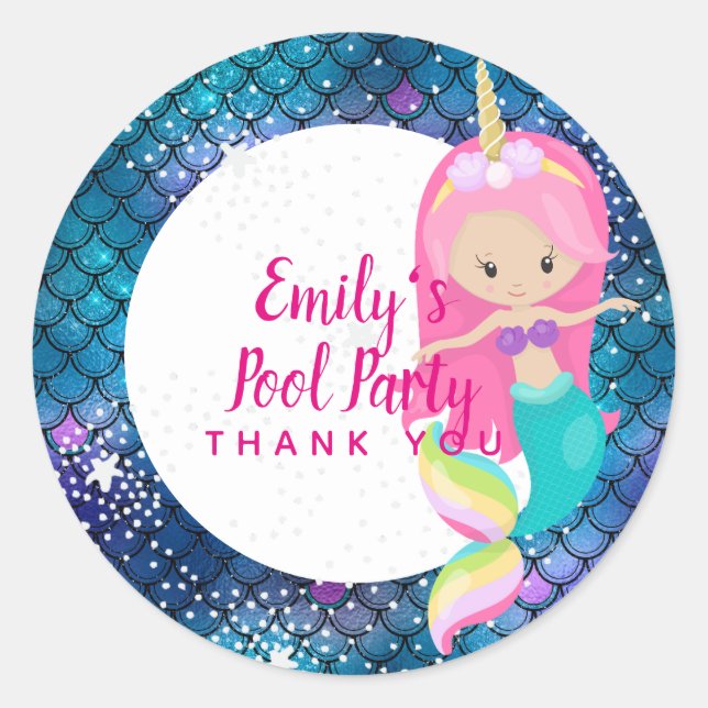 Mermaid Unicorn Pool Party liefert Pink Blue Girl Runder Aufkleber (Vorderseite)