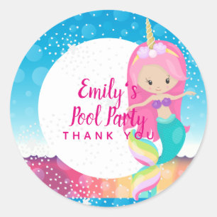 Mermaid Unicorn Pool Party liefert Pink Blue Girl Runder Aufkleber