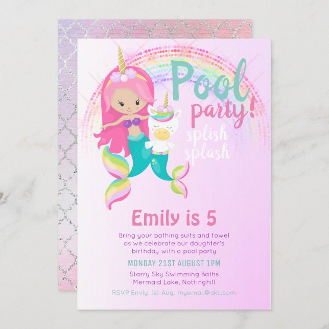 Mermaid Unicorn Pool Party Pink Blue Girl Einladung (Vorne/Hinten)