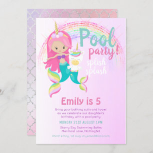 Mermaid Unicorn Pool Party Pink Blue Girl Einladung