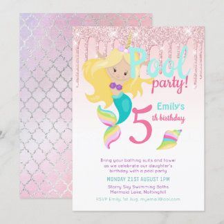 Mermaid Unicorn Pool Party Pink Blue Girl Einladung