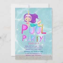 Mermaid Unicorn POOL Party Rosa Glitzer Girls Einladung
