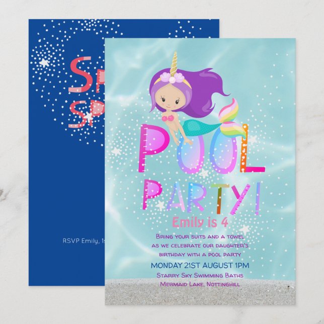 Mermaid Unicorn POOL Party Rosa Glitzer Girls Einladung (Vorne/Hinten)