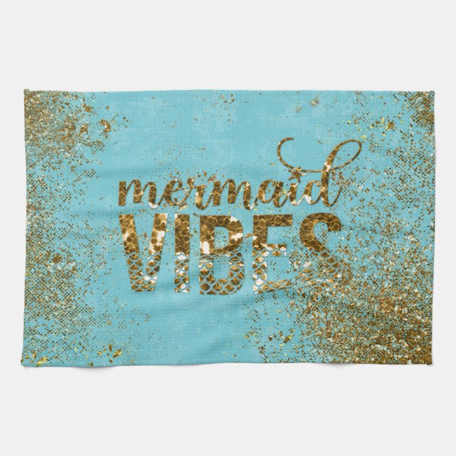 Mermaid Vibes - Gold Glitzer Typografie auf Aquama Geschirrtuch (Horizontal)