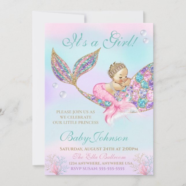 Mermaid Vintag Baby SHower Glitzer Schwanz Einladung (Vorderseite)