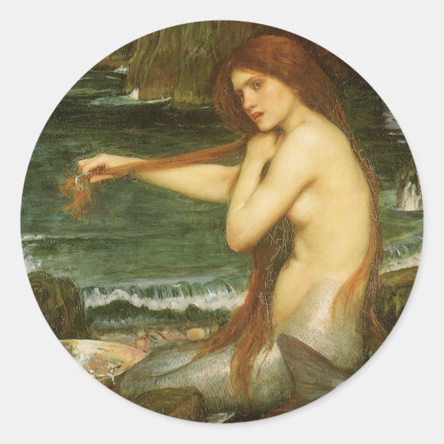 Mermaid von John William Waterhouse Runder Aufkleber (Vorderseite)