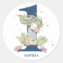 Mermaid Watercolor 1. Geburtstag Runder Aufkleber