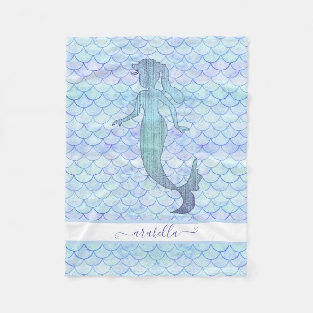 Mermaid Watercolor Blue Fish Scanner Name Fleecedecke (Vorderseite)