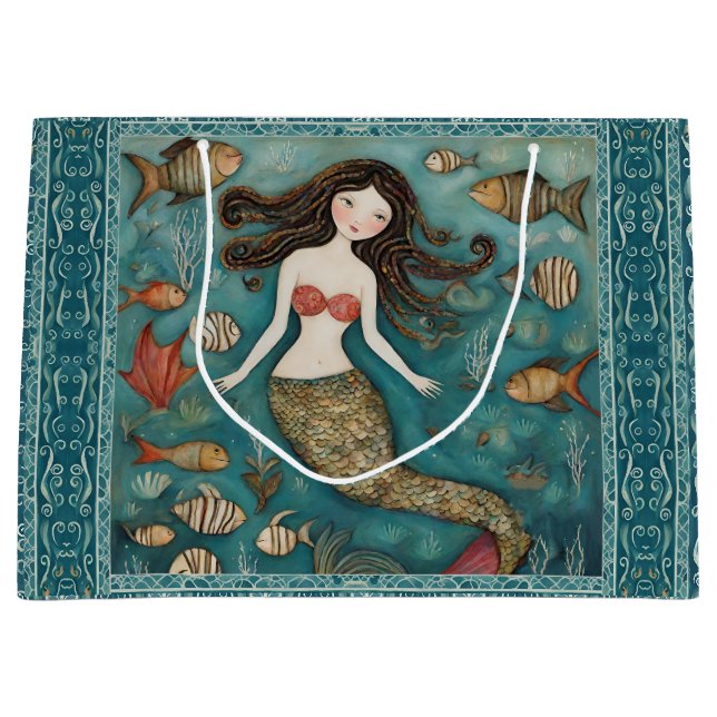 Mermaid Watercolor Große Geschenktüte (Vorderseite)