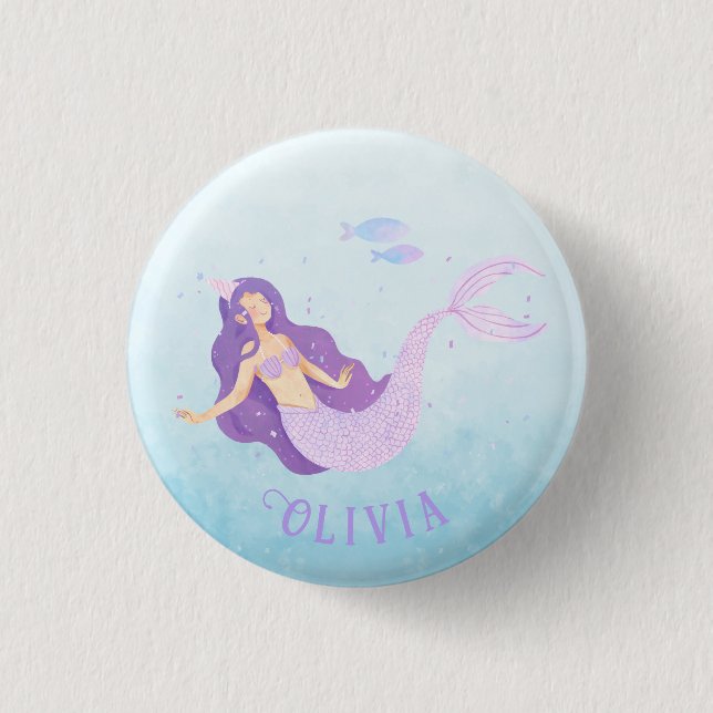 Mermaid Watercolor Lila Niedlich Girl Geburtstag Button (Vorderseite)