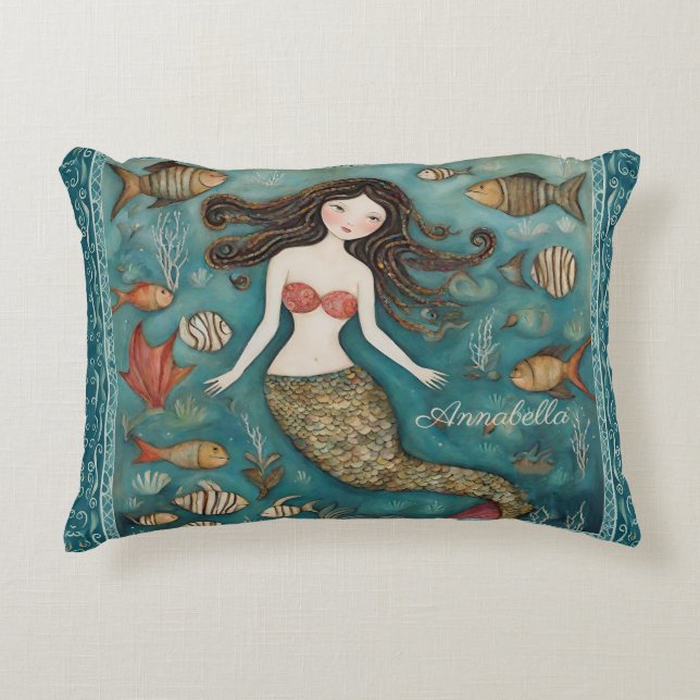 Mermaid Watercolor Personalisiert Dekokissen (Vorderseite)