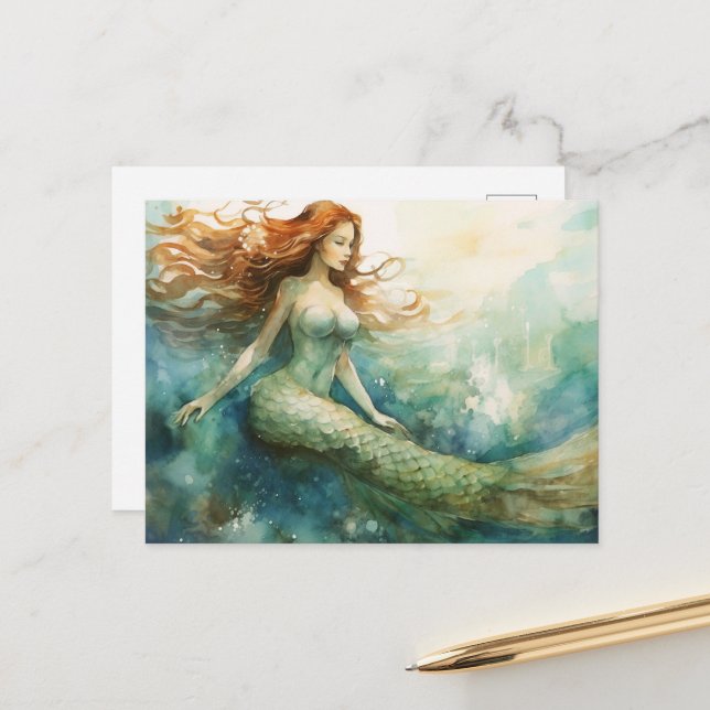 Mermaid Watercolor Postkarte (Vorderseite/Rückseite Beispiel)