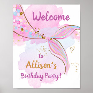Mermaid Watercolor Schwanz Pink Girl Geburtstag Wi Poster