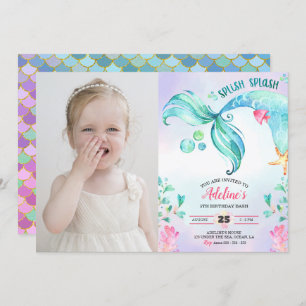 Mermaid Watercolor Splish Splash Birthday Foto Einladung