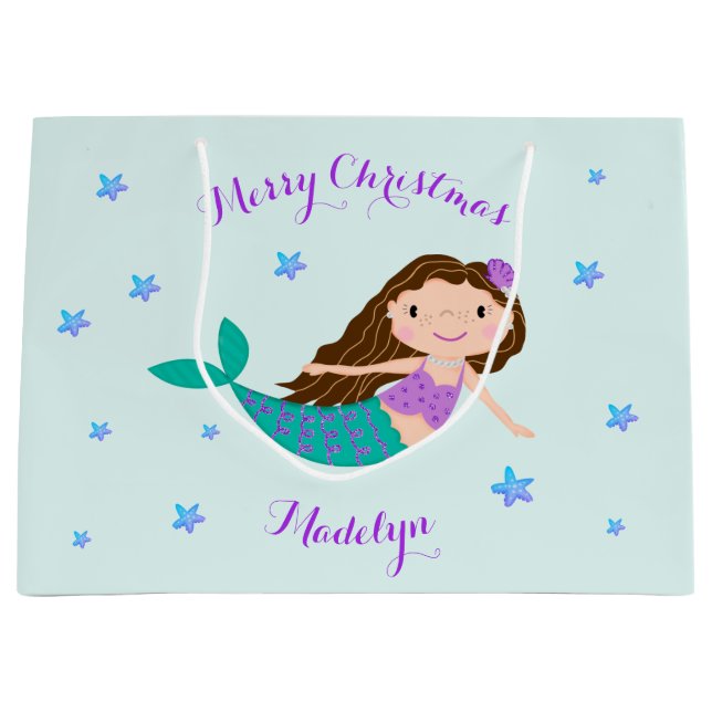 Mermaid Weihnachten Lila Glitzer Personalisiert Große Geschenktüte (Vorderseite)