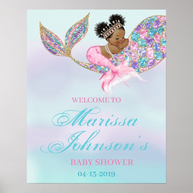 Mermaid Welcome Sign Baby Dusche Afrikanischer Ame Poster (Vorne)