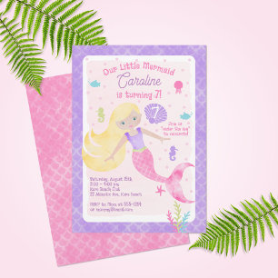 Mermaid with Blonde Hair Pink Purple Cute Birthday Einladung