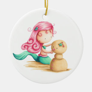Mermaid with pink hair Christmas ornament. Keramik Ornament