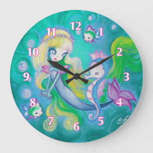 Mermaid With Sea Horse And Fish Große Wanduhr