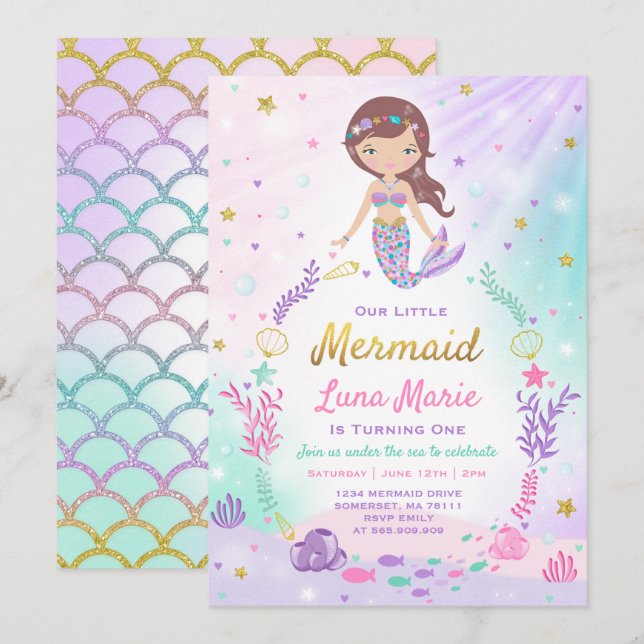 Mermaid zum Geburtstag Einladung unter dem Party (Vorne/Hinten)