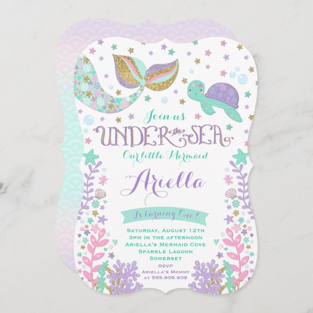 Mermaid zum Geburtstag Einladung unter dem Party (Vorne/Hinten)