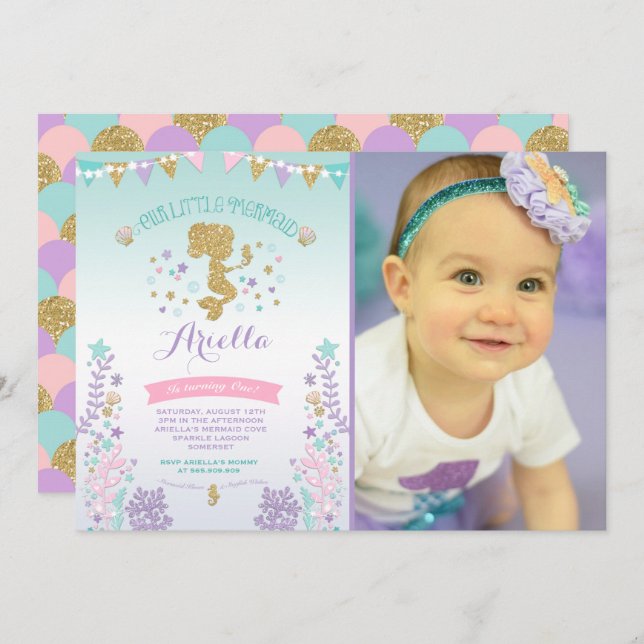 Mermaid zum Geburtstag Einladung unter dem Party (Vorne/Hinten)