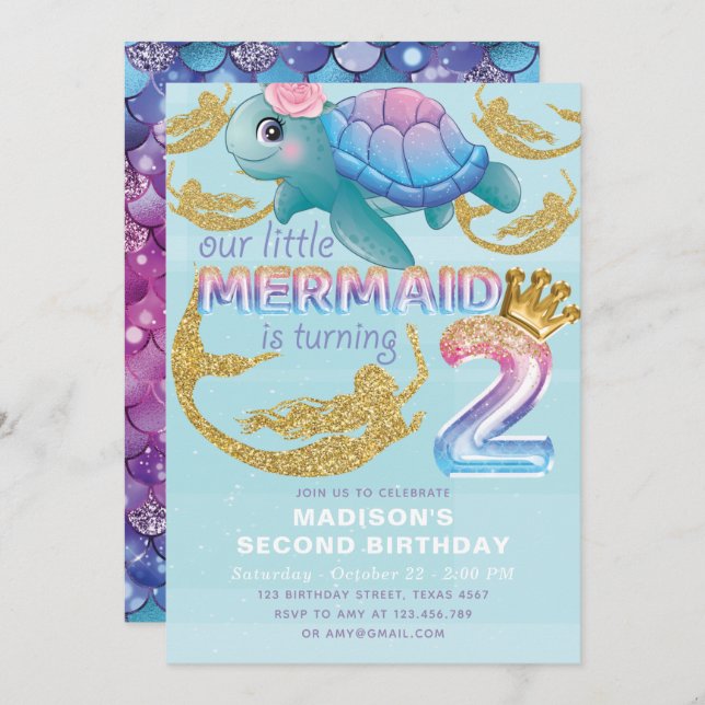 Mermaid Zweiter Geburtstag Pink Blue Gold Glitzer Einladung (Vorne/Hinten)
