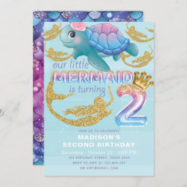 Mermaid Zweiter Geburtstag Pink Blue Gold Glitzer Einladung
