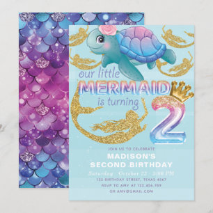 Mermaid Zweiter Geburtstag Pink Blue Gold Glitzer Einladung