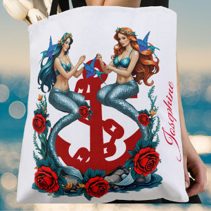 Mermaids Anchor Floral White Blue Rote Rosen