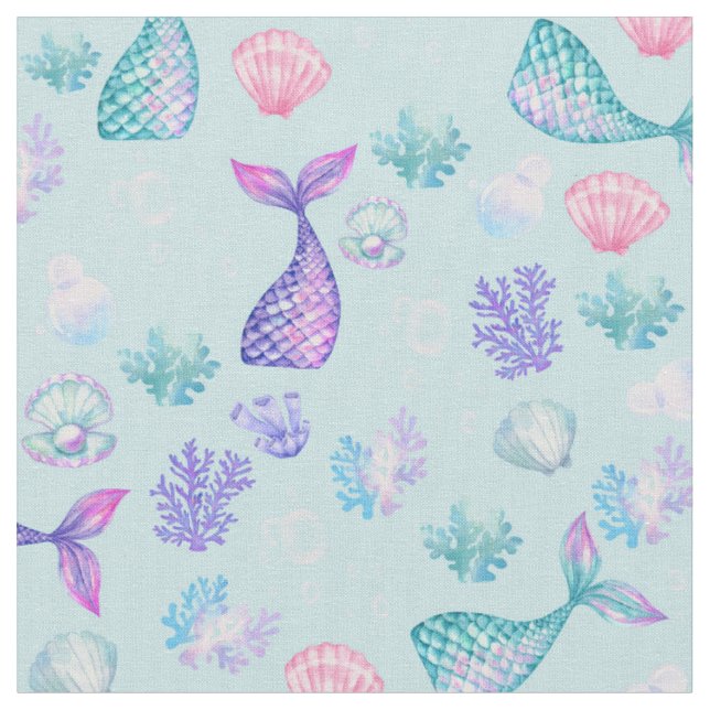 Mermaids Dream on Pastel Blue Stoff (Nahaufnahme)