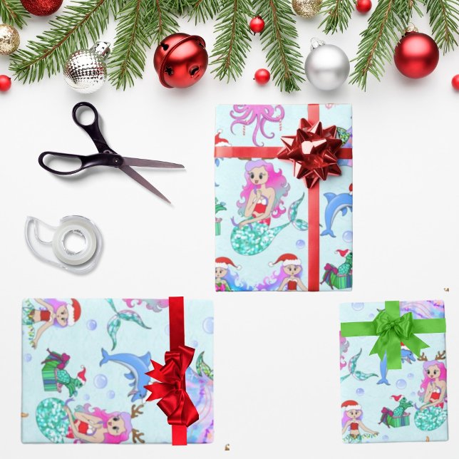 Mermaids feiern Weihnachten mit Freunden Geschenkpapier (Von Creator hochgeladen)
