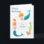 Mermaids Geburtstagskarte für eine Schwester Karte<br><div class="desc">Eine Geburtstagskarte für eine Schwester mit Meerjungfrauen,  von einem Aquarellbild von Judy Adamson. Die Innenseite wird für Ihre eigene Nachricht leer verlassen. Auch passende Geschenke und andere Grußkarten sind erhältlich.</div>