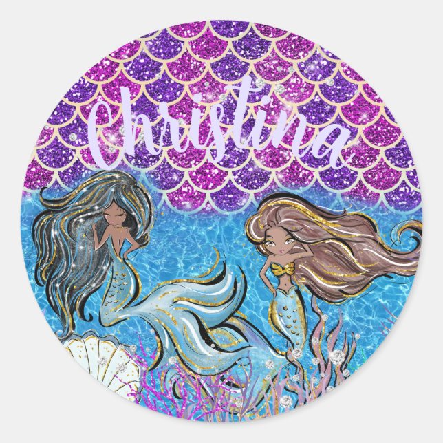 Mermaids Glitzer Illustration mit Schwanz Scales Runder Aufkleber (Vorderseite)