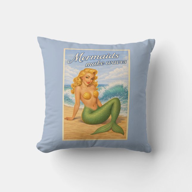 Mermaids Make Waves Retro Coastal Blue Beach Decor Kissen (Vorderseite)