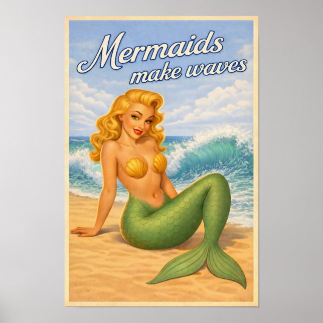 Mermaids Make Waves Retro Pin-Up Coastal Beach Art Poster (Vorne)