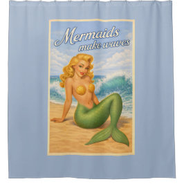 Mermaids Make Waves Retro PinUp Coastal Beach Blue Duschvorhang
