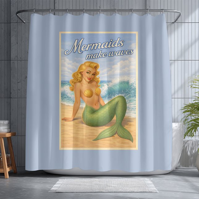 Mermaids Make Waves Retro PinUp Coastal Beach Blue Duschvorhang (Von Creator hochgeladen)