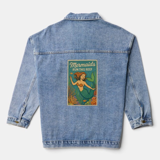 Mermaids Run This Reef Art Retro Coral Ocean Life Jeansjacke (Rückseite)
