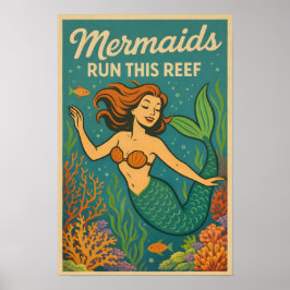 Mermaids Run This Reef Funny Retro Coral Fish Art Poster